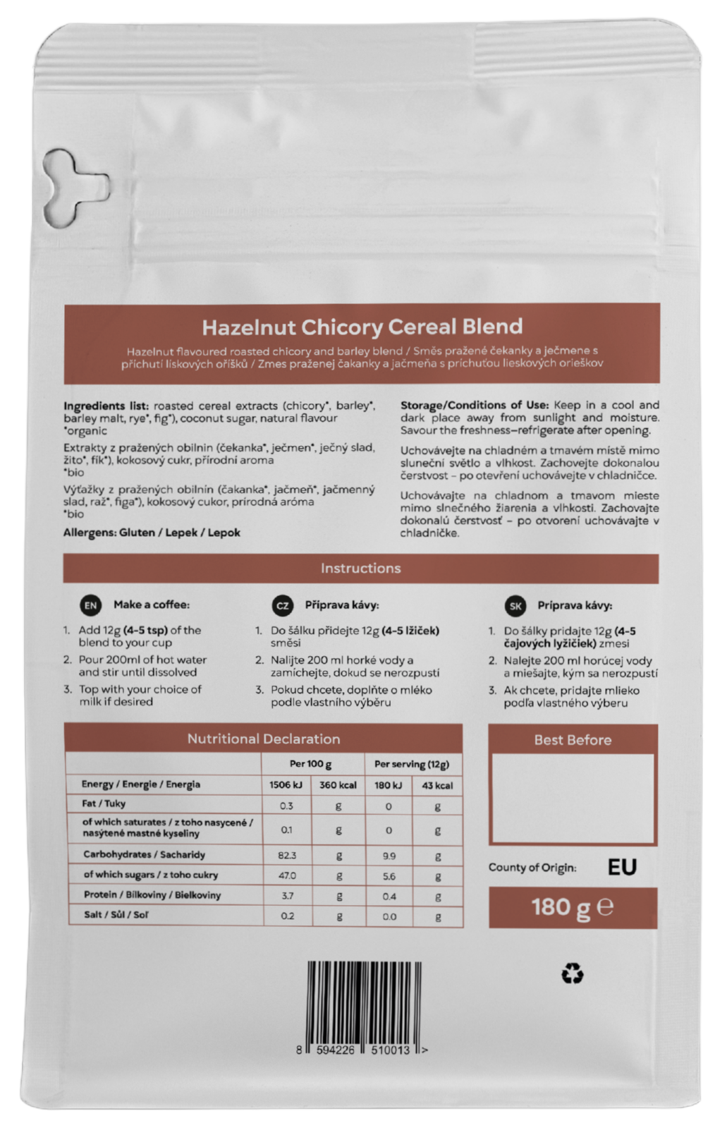 Hazelnut flavoured chicory cereal blend 180g